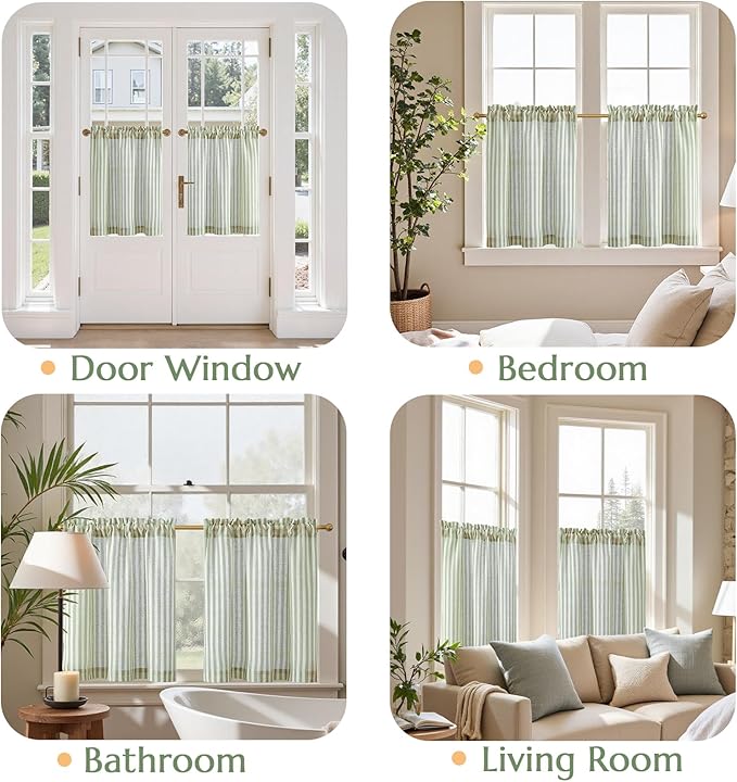 jinchan Striped Linen Kitchen Curtains 24 Inches Length Tier Curtains Farmhouse - Image 4