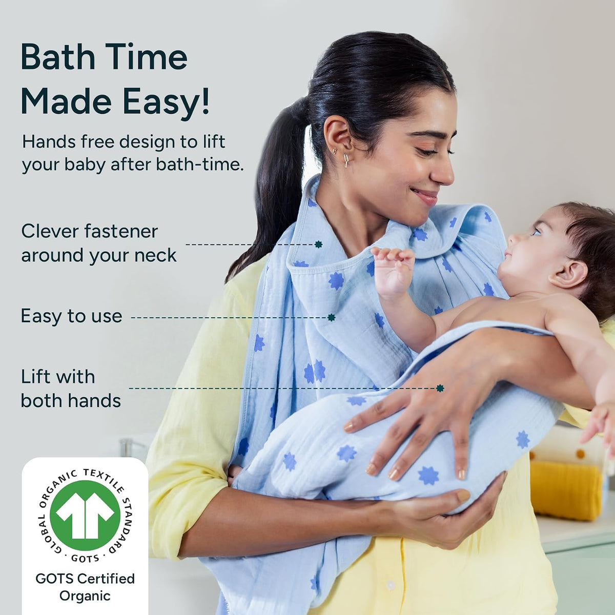 hands-free hooded towel – 100% organic muslin cotton shown in use