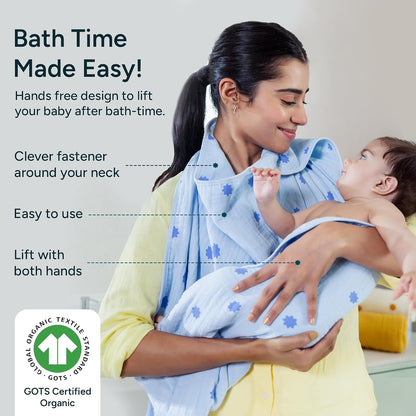 hands-free hooded towel – 100% organic muslin cotton shown in use