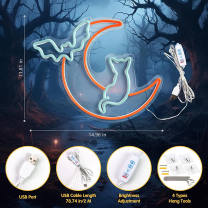 Halloween Neon Sign Wall Decor - Moon&Bat&Cat Themed Halloween LED Lights