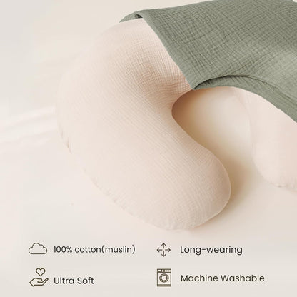 Konssy Muslin Nursing Pillow Covers, Soft and Cute Nursing Covers for Breastfeeding Pillows, Ideal for Newborn Baby Boys and Girls (Fog Green, Cream) - 2 Pack