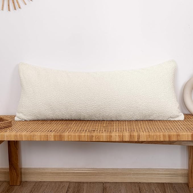 14x36 inch Boucle Lumbar Pillow Cover, Cream Woven Texture Neutral Long Pillow by JoraLion