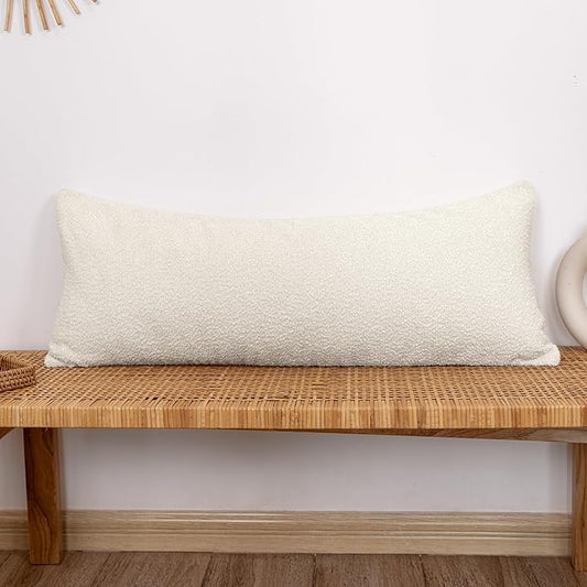 14x36 inch Boucle Lumbar Pillow Cover, Cream Woven Texture Neutral Long Pillow by JoraLion