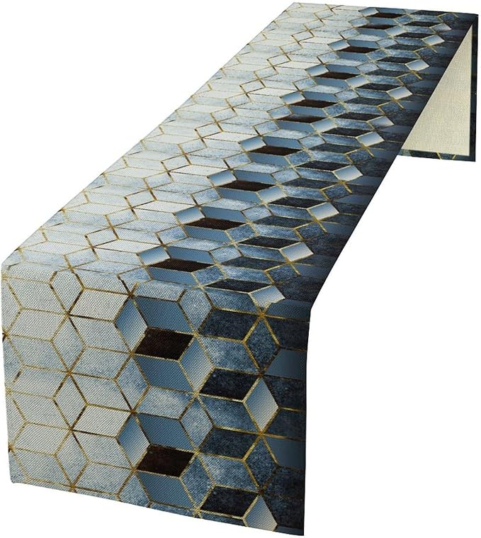 Geometric Blue Marble Table Runner Abstract Hexagon Pattern Texture Table Runner by ShiTingYu