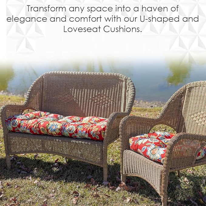 RSH DECOR: Tufted Wicker Loveseat Cushion | 41” x 19" | All-Weather Spun Fabric - Image 4