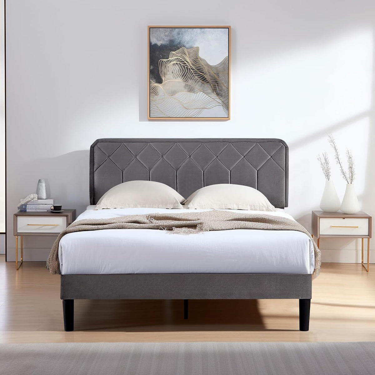 vecelo queen size bed frame, velvet upholstered platform, package contents