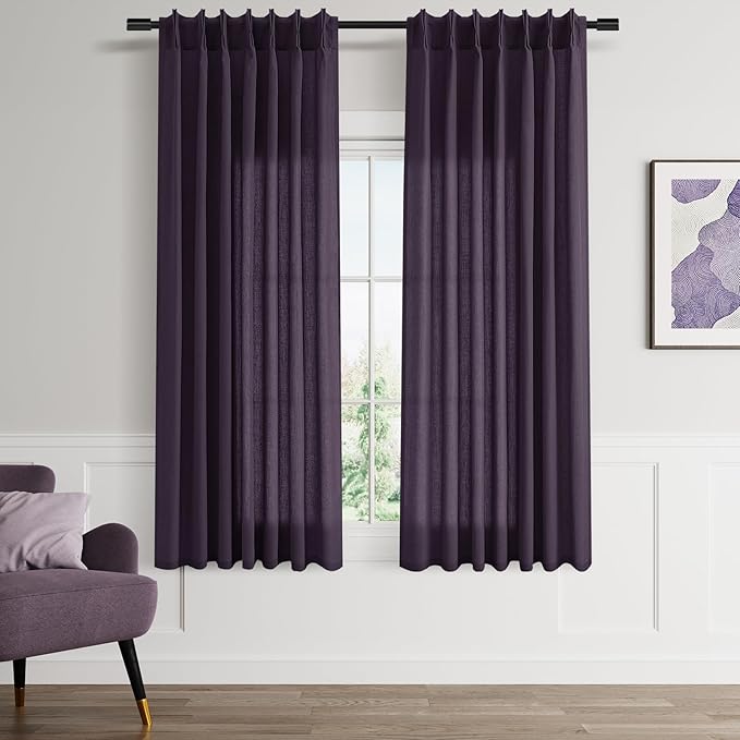 Plum Pinch Pleated Linen Curtains 63 Inch Length 2 Panels - Image 8