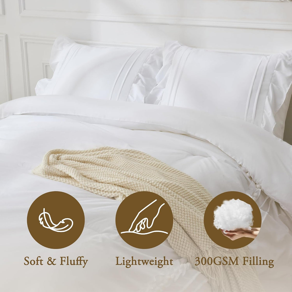 bdeus white ruffle comforter set full size, 3, side view