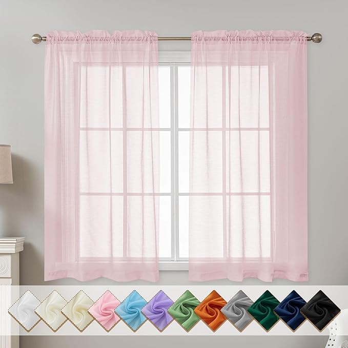 Pink Sheer Curtains 54 Inch Length, Privacy Semi Sheer Curtains by ABLUEN