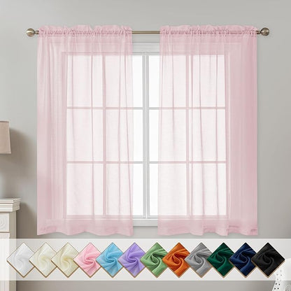 Pink Sheer Curtains 54 Inch Length, Privacy Semi Sheer Curtains by ABLUEN
