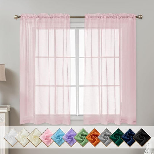 Pink Sheer Curtains 54 Inch Length, Privacy Semi Sheer Curtains by ABLUEN