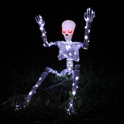 Halloween Decorations Outdoor Skeletons Set - 2 Pack 36" (90cm) Light Up Skeleton with LED Lights & 2 Red Eyes, Poseable Full Body, Indoor Halloween Decor for Yard, Porch (White)