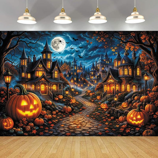 Halloween Spooky Haunted House Backdrop 10x8ft, Full Moon Pumpkin Village Castle Fall Maple Leaves Jack-O'-Lantern Photography Background, Holiday Birthday Party Decorations Banner, Photo Booth Props