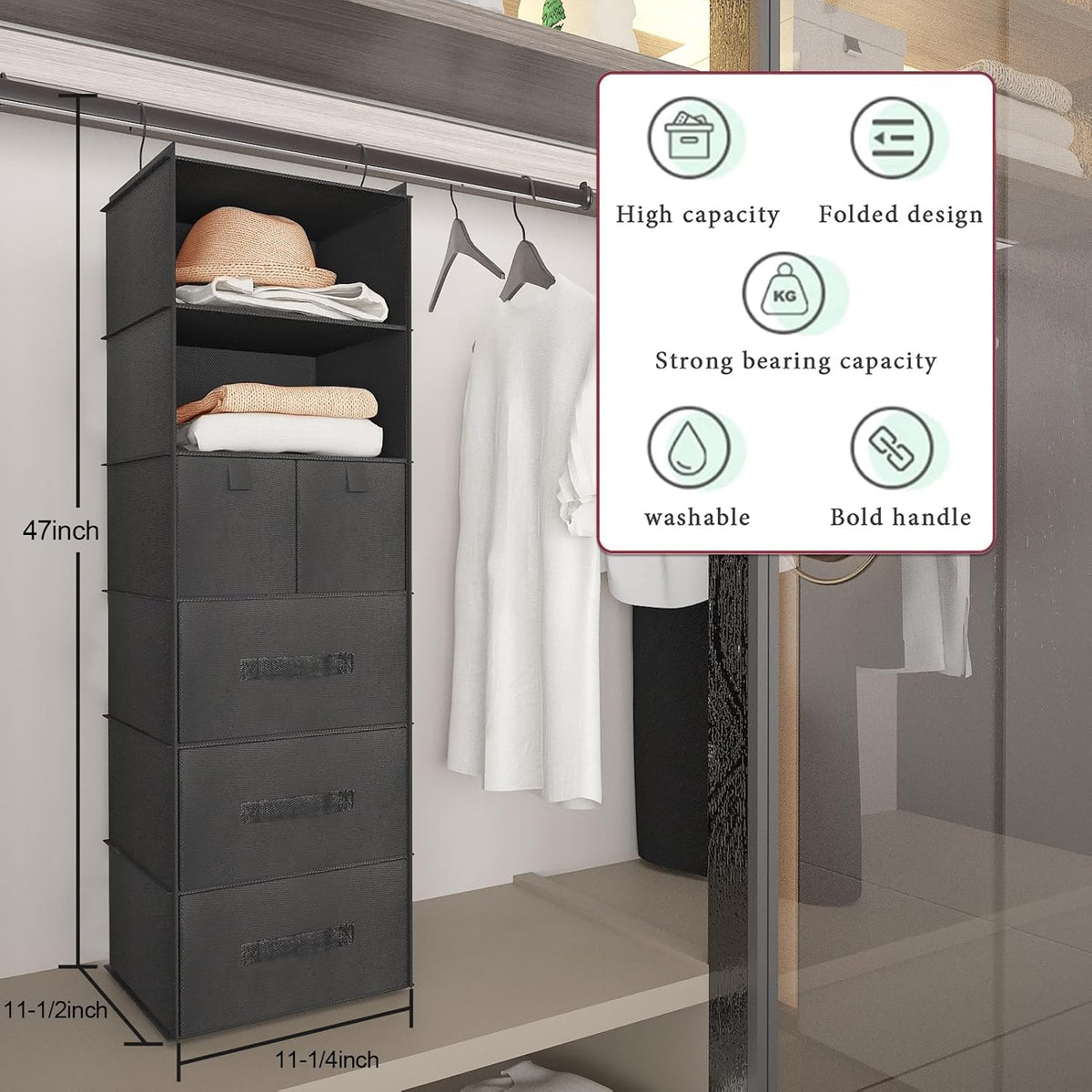 6-shelf hanging closet organizer with 5 drawers, non-woven, view 9
