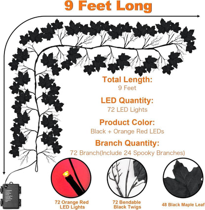 9 FT 72 LED Willow Vine Twig Decor Black Halloween Garland with Orange Lights, 8 Modes & Timer Waterproof Battery Operated for Home Fireplace Mantle Wall Office Indoor Halloween Decorations Party
