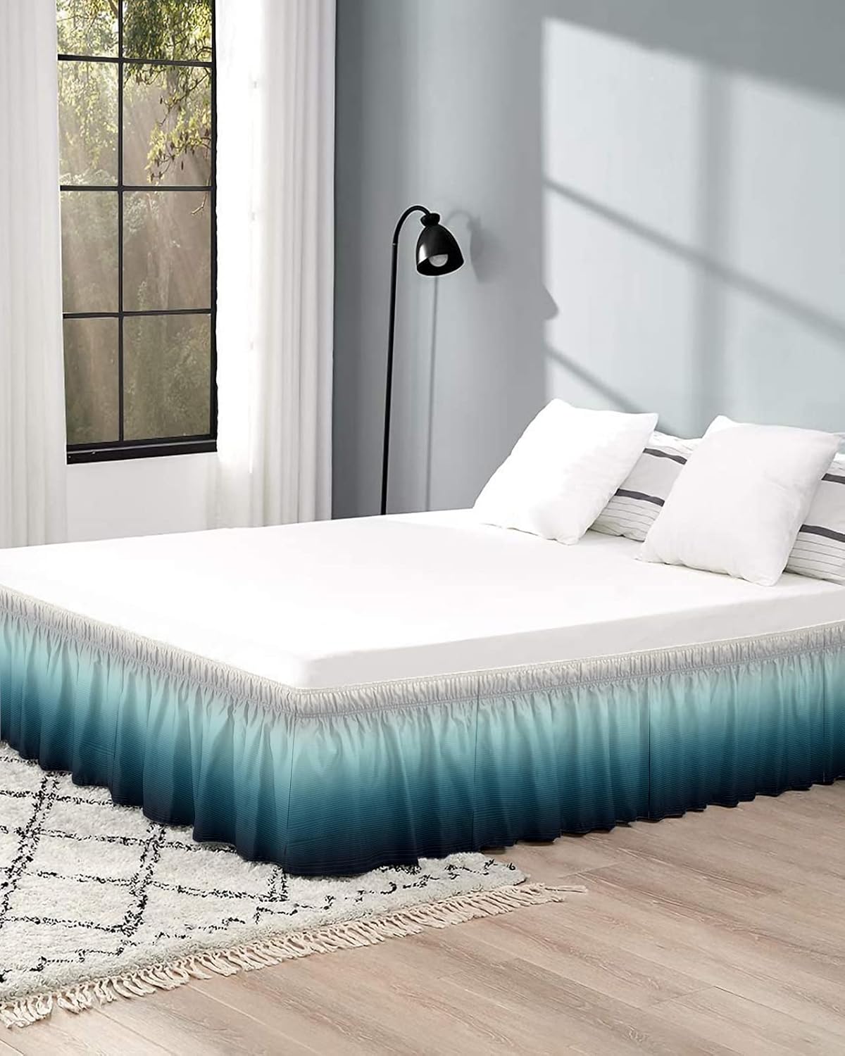 gradient turquoise bed skirt queen size 18 inch showing dimensions
