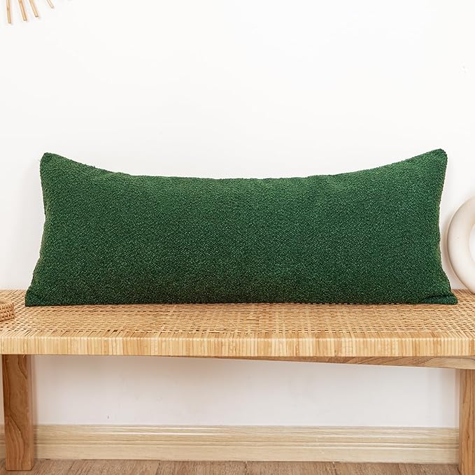 14x36 inch Boucle Lumbar Pillow Cover, Forest Elf Green Woven Texture Neutral by JoraLion