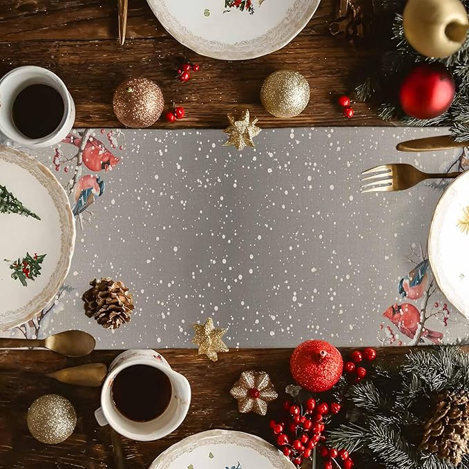 Christmas Table Runner, 13x72 Inch, Snowman Family Table Runners Pine Tree Snow - Image 3
