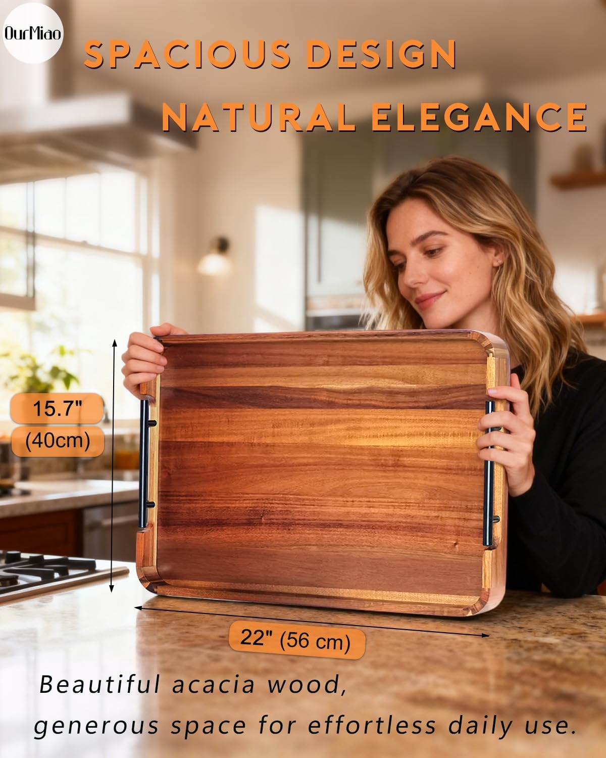 22-in acacia wood ottoman serving tray with handle shown in use