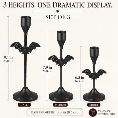 Ceenna 6 Pcs Halloween Bat Candle Holders, 3 Size Black Taper Candle Holder
