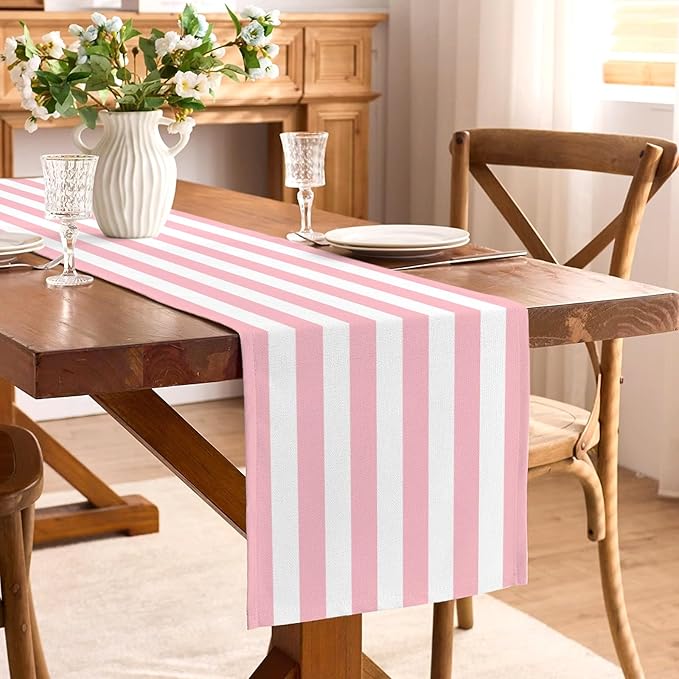 Pink and White Vertical Striped Table Runner Light Pink Birthday Party - Image 2