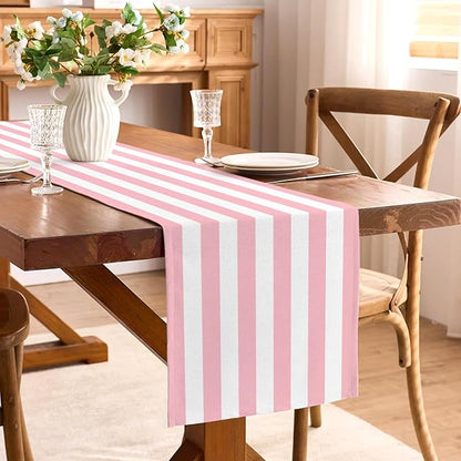 Pink and White Vertical Striped Table Runner Light Pink Birthday Party - Image 2