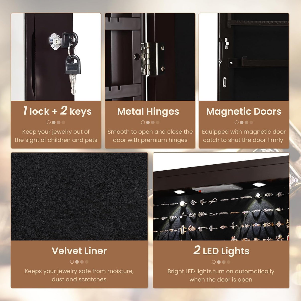 nafort 2 leds mirror jewelry cabinet, 47.5-inch tall, close-up detail