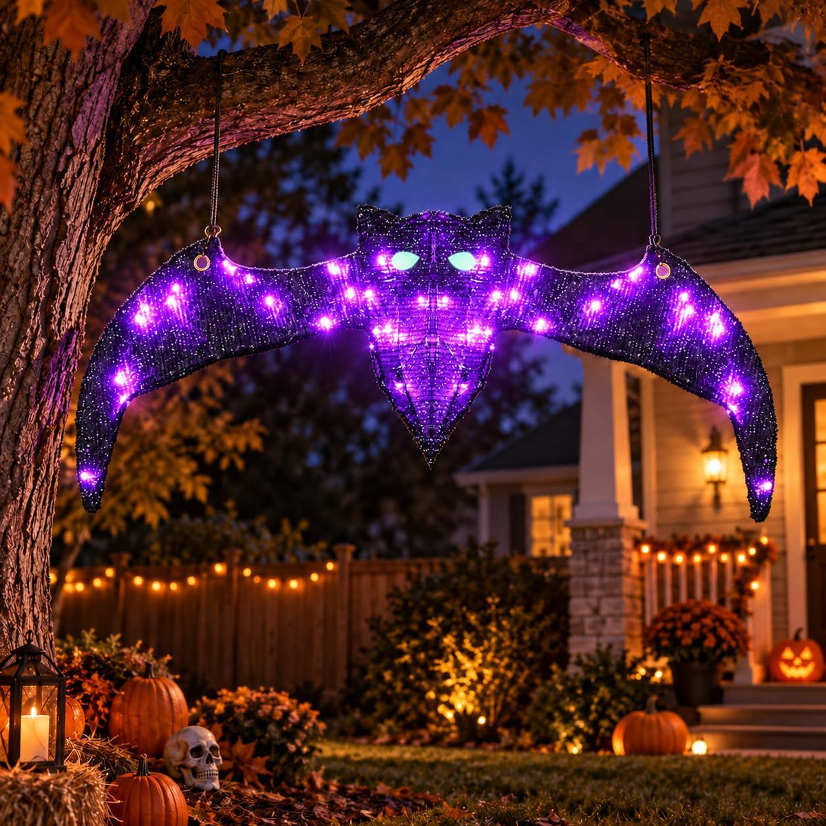 Lighted Hanging Bat Halloween Window Decorations, Large Spooky Glowing Purple LED Bat Halloween Decorations Outdoor Indoor with Auto-Timer, Sparkling Plush & Hooks for Front Porch Window Tree Mantel