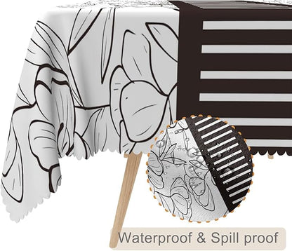60x108inches Floral Rectangle Tablecloth Black and White Sketch Floral Printed - Image 2