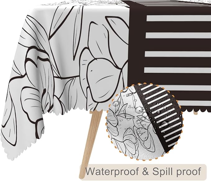 54x120inches Floral Rectangle Tablecloth Black and White Sketch Floral Printed - Image 2