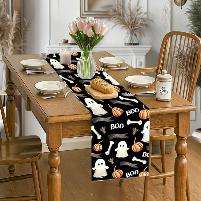 LTLYH Halloween Table Runner 13 x 72 Inch, Cute Ghost Pumpkin Bones Boo Pattern - Image 6