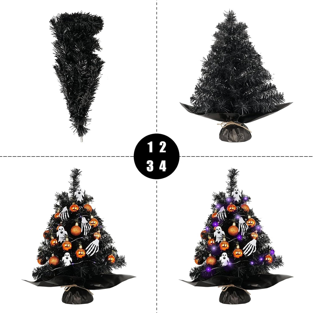 20" Mini Halloween Tree Black Tree Artificial Mini Halloween Tree with Purple LED Lights, Orange Balls Ornaments, Skeleton Hand and Ghost Decorations for Halloween Tabletop Decoration