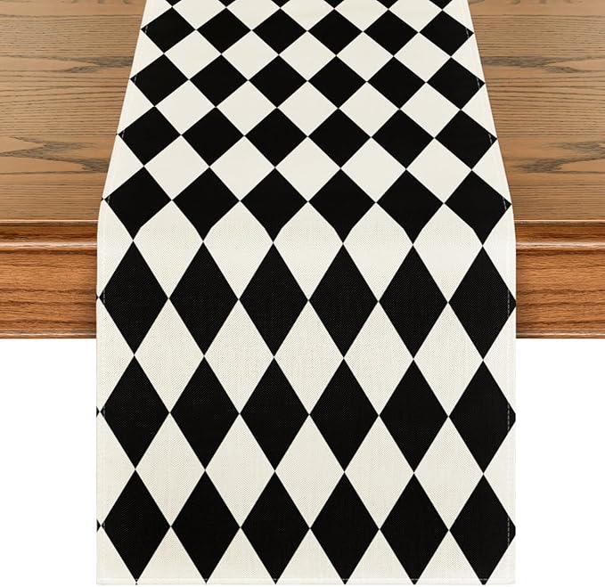 Artoid Mode Black Beige Diamond Plaid Table Runner, Seasonal Halloween Party by ArtoidMode