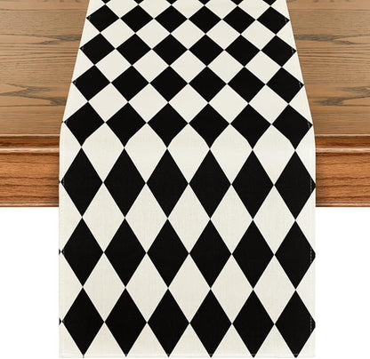 Artoid Mode Black Beige Diamond Plaid Table Runner, Seasonal Halloween Party by ArtoidMode