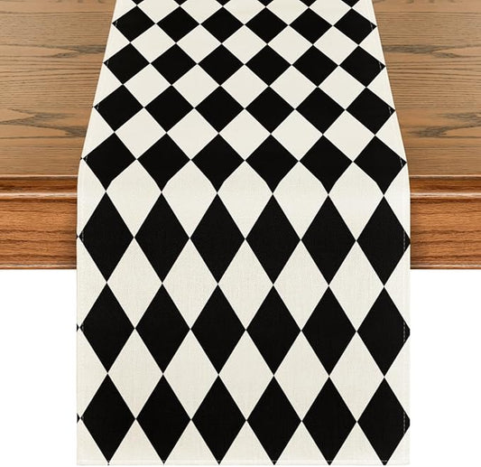 Artoid Mode Black Beige Diamond Plaid Table Runner, Seasonal Halloween Party by ArtoidMode