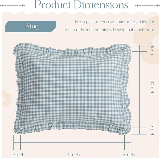 KKJIAF 2 Pcs Plaid Ruffle Pillow Case King Size, Cotton Gingham Ruffled Euro - Image 2