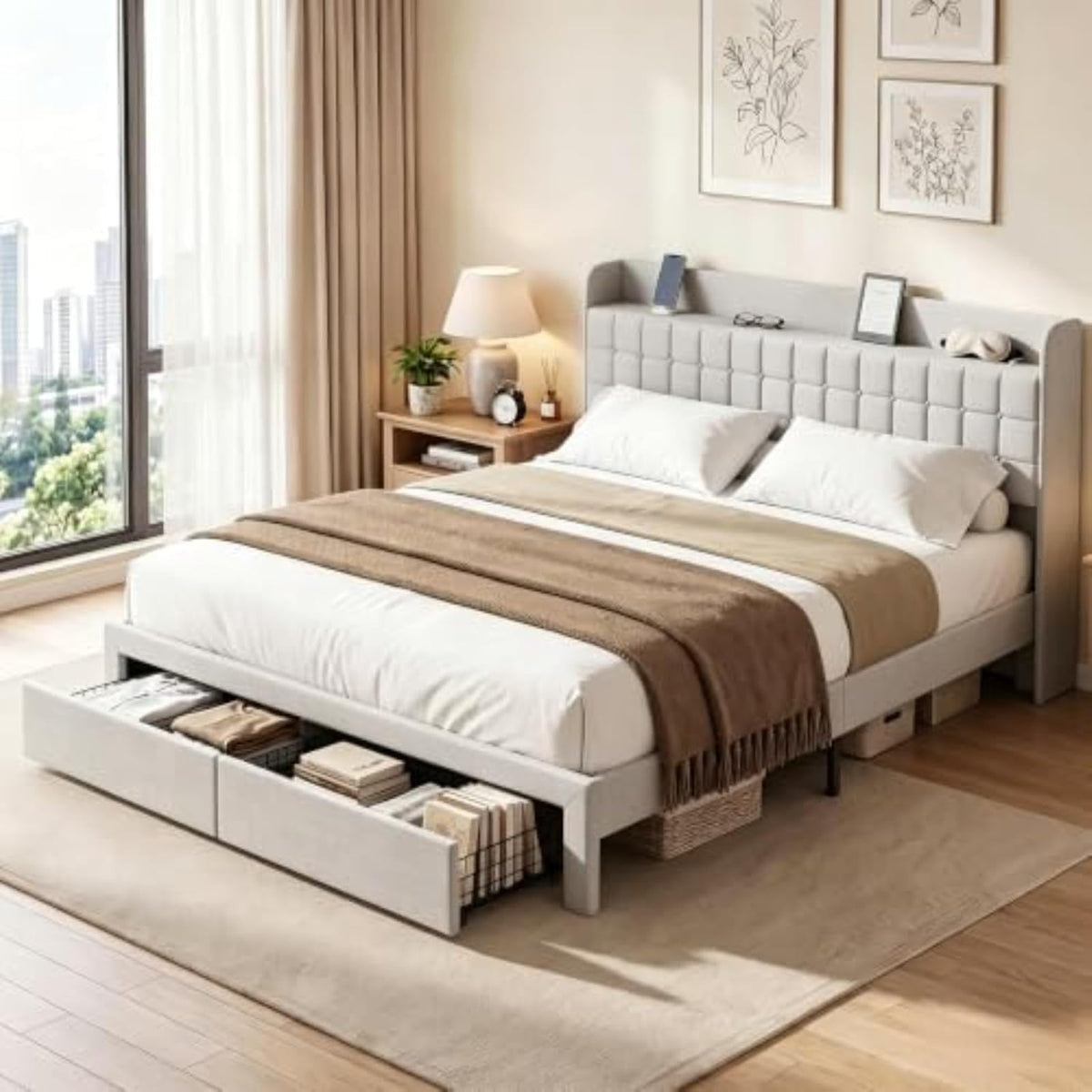 dumos king bed frame, upholstered platform bed frame, main product view
