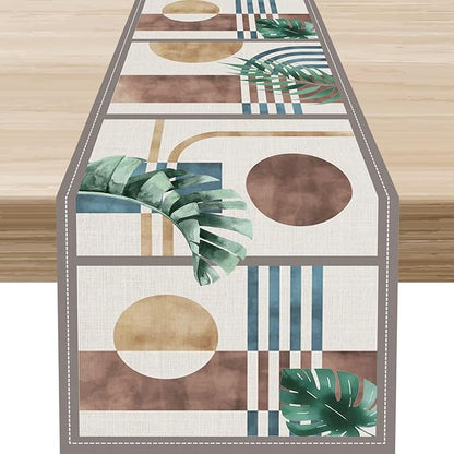 Abstract Mid Century Table Runner, Modern Green Leaves Boho Tropical Plants by Unknown