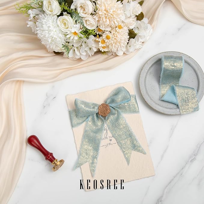 Light Blue Silk Chiffon Ribbon, Sky Blue Frayed Shimmery Silk Ribbon - Image 3