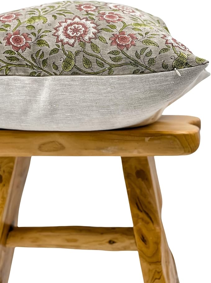 Designer Flowers Printed on Natural Linen Pillow Cover | Grey Green and Dusty - Image 4