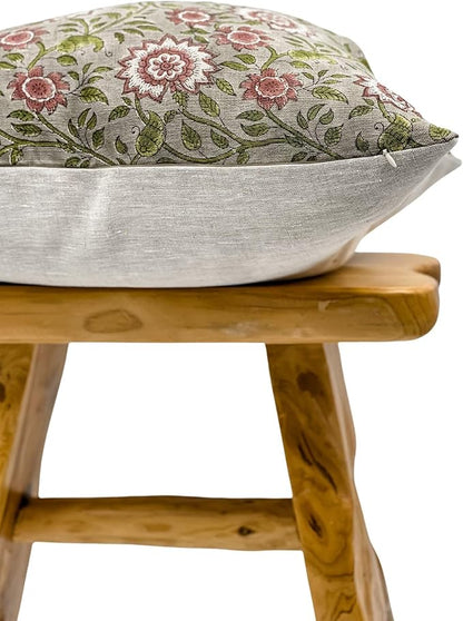 Designer Flowers Printed on Natural Linen Pillow Cover | Grey Green and Dusty - Image 4