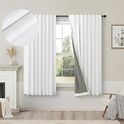 White Linen Complete Blackout Curtains 48 Inch Length by Pitalk