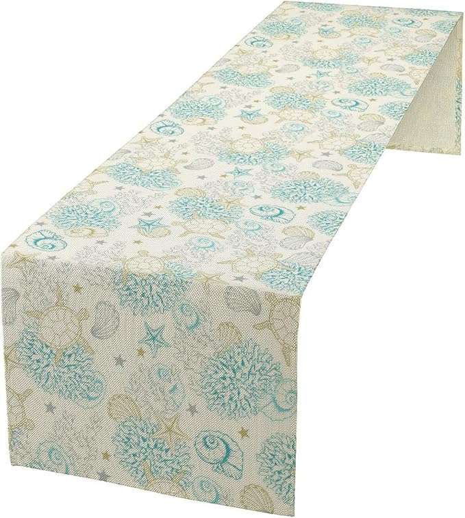Ocean Coastal Table Runner, Nautical Summer Beach Coral Sea Turtle Table Runner by Unknown