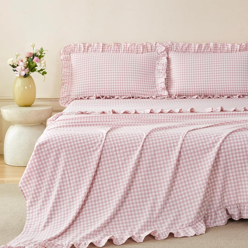 King Gingham Ruffled Sheet Set with 16" Deep Pockets 4 Pieces