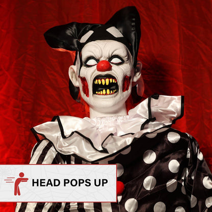 Haunted Hill Farm Hartley The Sitting Scare Clown by Tekky, Motion-Activated Talking Jump-Scare Halloween Animatronic for Halloween Party Prank Decoration, Plug-in or Battery Operated Halloween Props