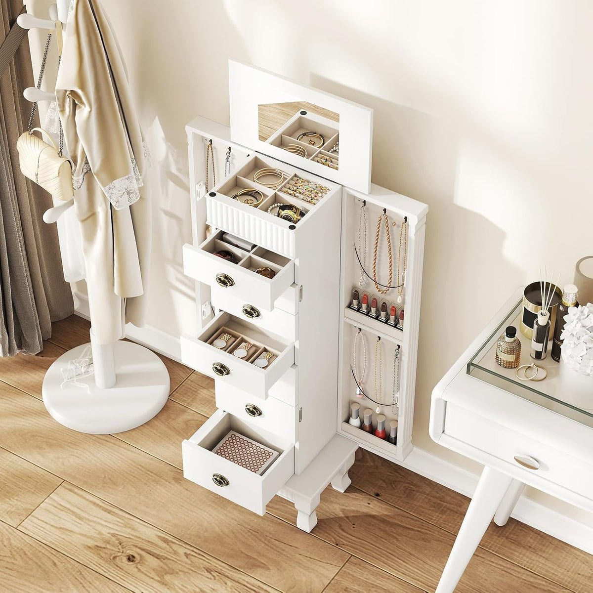 dreamade jewelry armoire, standing jewelry box w/mirror & shown in use
