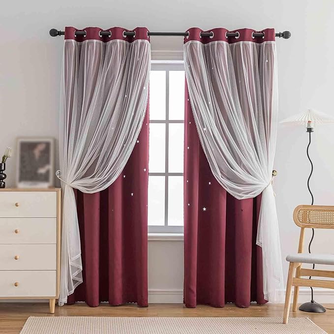 Anytime Romantic Kids Curtain, Hollow-Out Stars Window Curtain Double Layer by Anytime