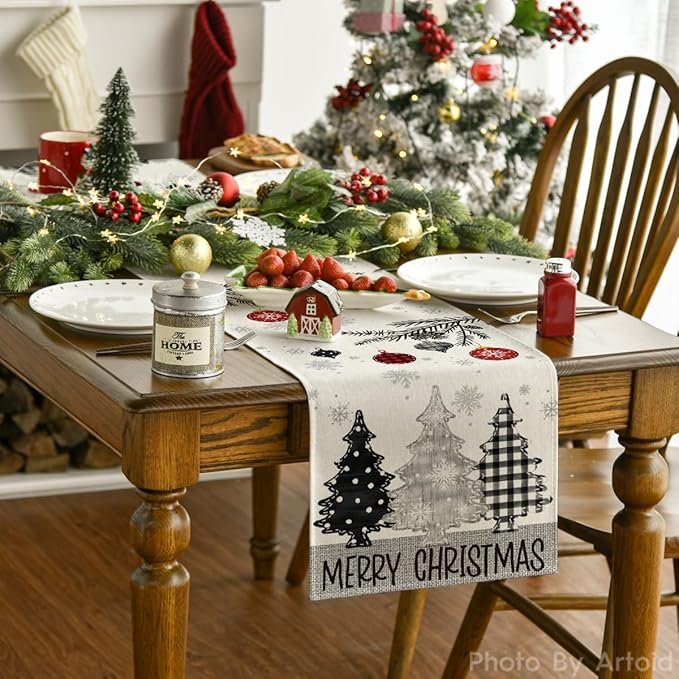Artoid Mode Grey Pine Trees Snowflake Merry Christmas Table Runner, Winter Xmas - Image 4