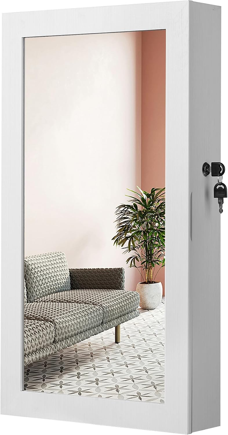songmics lockable jewelry cabinet armoire with mirror, wall-mounted, main product view