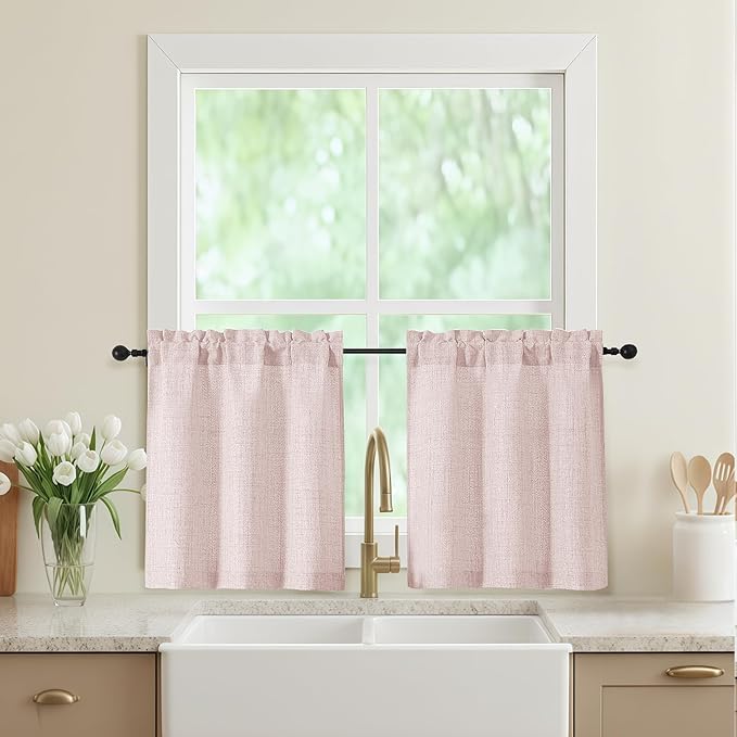 Blush Pink Kitchen Curtains 24 Inch Length 2 Panels, Light Filtering Faux Linen by WelvetBLK